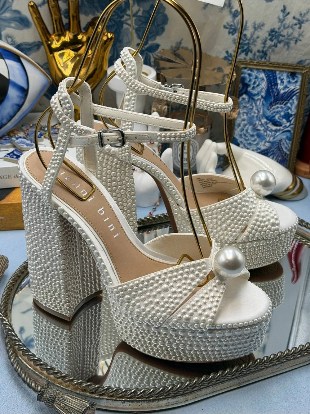 🆕 GIANNI BINI 🧿 NWOB KemaraTwo Embellished Pearl Studded Platform Sandal Sz 7